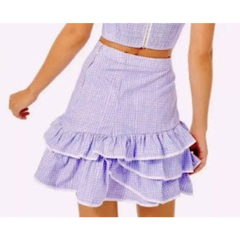 Lilly Pulitzer Rosalie Tiered Ruffle Mini Skirt Lilac Ginham Print Size 2 - Picture 4 of 9